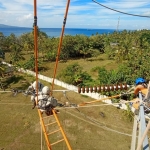 Beberapa petugas sedang melakukan pemeliharaan SUTT yang memasok listrik ke Bali.