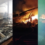 Tim PMK saat mencoba menjinakkan kobaran api, serta kondisi gudang PT Nippotech Sejahtera saat terbakar. foto: ist.