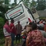 Bus pariwisata yang terlibat kecelakaan di Kecamatan Lumbang, Kabupaten Probolinggo.
