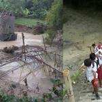 Kiri: Kondisi jembatan Jawik yang rusak parah akibat terjangan banjir bandang. Kanan:  Jembatan yang terbuat dari bambu untuk sarana trasportasi bagi anak-anak sekolah dan warga umum. 