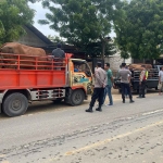 Petugas gabangan dari Polsek Bancar dan TNI saat menggelar penyekatan hewan ternak di Jalan Bulu-Jatirogo, tepatnya di perempatan Canguk, Desa Tengger Kulon, Tuban. 
