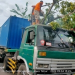 Anggota BPBD Pamekasan dan polisi dibantu masyarakat saat melakukan pemotongan pohon yang roboh menimpa truk trailer.