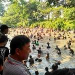 Ratusan warga mencebur ke dalam sumber Gundi untuk mencari ikan dalam Grobyak ikan di Sumber Gundi Desa Tanjung Kecamatan Pagu Kabupaten Kediri.