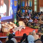 Wamenkumham Edward Omar Sharif Hiariej saat memberikan  keynote speech dalam acara Kumham Goes to Campus 2023 di Universitas Brawijaya, Malang.