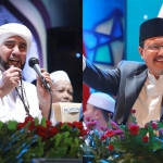 Habib Syech bin Abdul Qodir Assegaf bersama Wali Kota Pasuruan Saifullah Yusuf saat acara Jawa Timur Bersholawat di Stadion Untung Suropati, Selasa (1/11/2022) malam.