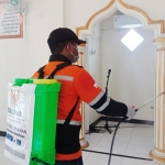 Petugas Baznas Gresik menyemprotkan cairan disinfektan di bagian dalam masjid.