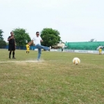 Katua Askab PSSI Sumenep, Hairul Anwar menendang bola di lapangan Stadion A. Yani Pangligur Sumenep.