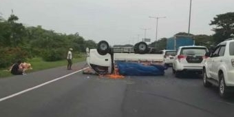 Pecah Ban, Pikap Bermuatan Wortel Terguling di Tol Waru-Sidoarjo
