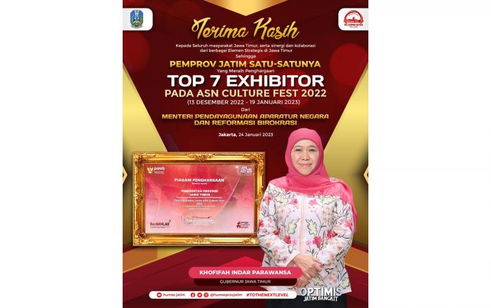 Jatim Satu-satunya Provinsi Peraih Penghargaan Top 7 Exhibitors Culture Fest 2022 Kemenpan-RB