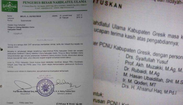 PCNU Gresik Dibekukan: Kiai-Kiai Melawan, SK Penundaan Konfercab Tanpa Teken Rais Am PCNU Gresik Dibekukan: Kiai-Kiai Melawan, SK Penundaan Konfercab Tanpa Teken Rais Am