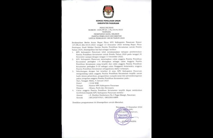 KPU Kabupaten Pasuruan Umumkan Penetapan Hasil Seleksi PPK untuk Pemilu Tahun 2024