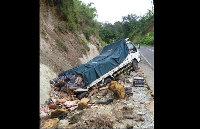 Tak Kuat Menanjak, Truk Pengangkut Keramik Terperosok di JLS Pacitan Tak Kuat Menanjak, Truk Pengangkut Keramik Terperosok di JLS Pacitan