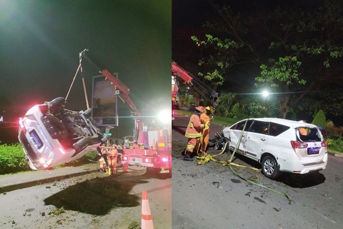 Pengemudi Mabuk, Mobil Toyota Innova di Surabaya Tabrak Pos Security hingga Terbalik dan Masuk Parit