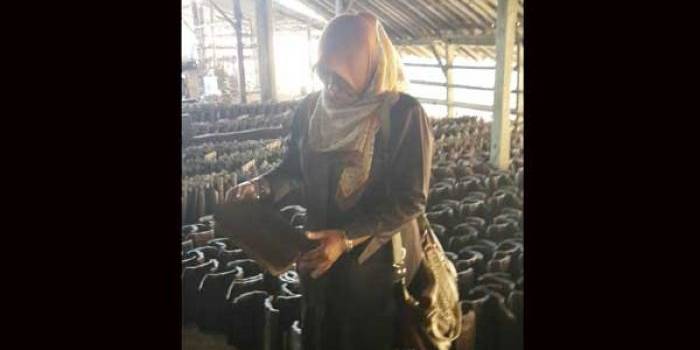SIDAK. Anggota komisi B DPRD Lumajang saat melihat genteng produksi UKM Rahayu yang sudah mengantongi label SNI. foto : imron/ BANGSAONLINE