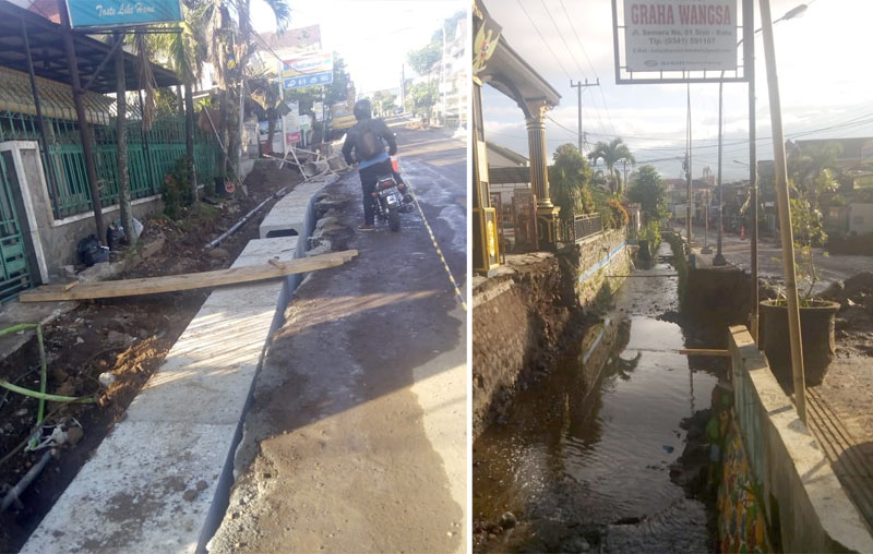 Dalam rangka normalisasi Kali Kebo, jembatan depan Kantor Kelurahan Sisir terpaksa dibongkar. Foto kiri, tampak pemasangan gorong-gorong di Jalan Semeru sisi Timur.