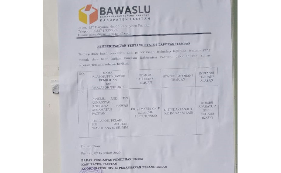 Pemberitahuan temuan laporan oleh Bawaslu yang akan ditujukan ke KASN.