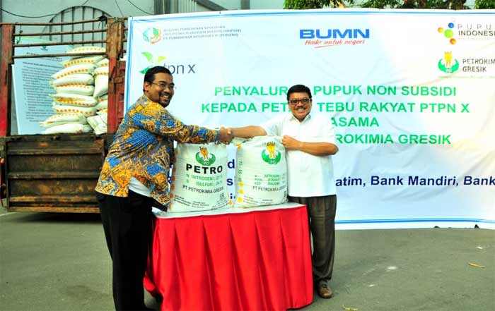 Dirsar PG Meinu Sadariyo (kanan) bersama Direktur Operasional PTPN X saat penyerahan pupuk non-subsidi NPK Kebomas dan ZA di PG Gempolkreb, Mojokerto, kemarin. foto: ist.
