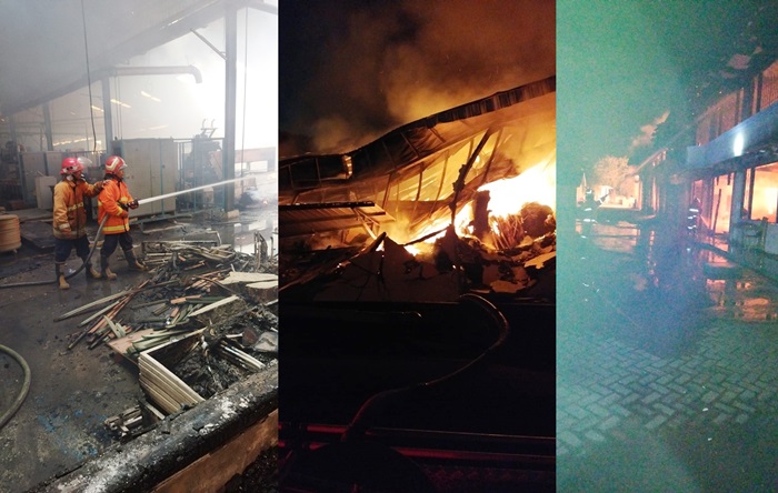 Tim PMK saat mencoba menjinakkan kobaran api, serta kondisi gudang PT Nippotech Sejahtera saat terbakar. foto: ist.