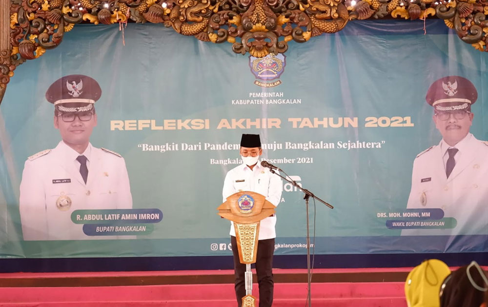 Bupati Bangkalan, R Abdul Latif Amin Imron, saat memberi sambutan dalam giat Refleksi Akhir Tahun 2021.