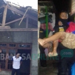 Rumah salah satu warga di Temboro yang rusak disapu angin puting beliung, dan relawan Tagana Kota Mojokerto mengevakuasi warga di lokasi bencana. foto: YUDI EP/ BANGSAONLINE