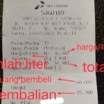 Struk pemebelian BBM jenis Pertalite di SPBU Perak.