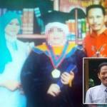 Foto kenangan Indah dan Mustain, saat wisuda SMA putri Indah.Inset: Kepada BKD Gresik M. Nadlif. foto: istimewa