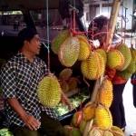 Salah satu penjual durian di Jalan Protokol Kabupaten Trenggalek, Jumat (13/2). Foto: herman/Bangsaonline.com