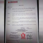 Surat rekomendasi penunjukan Rusdi sebagai Wakil Ketua DPRD Pasuruan dari DPP Gerindra.