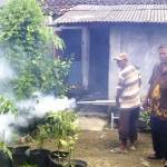 Warga Desa Cerme saat memberikan pelayanan penyemprotan ke rumah warga. foto: soewandito/ BANGSAONLINE