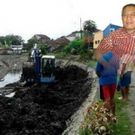 Kegiatan normalisasi Sungai Molek di Kepanjen. Inset, Kepala DPU SDA Kabupaten Malang.