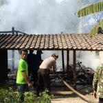 Petugas memadamkan kandang Sapi milik Saimun yang terbakar.