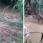 Kondisi Sungai Tonjung saat sedang meluap rawan menyebabkan longsor.