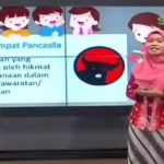 Cuplikan program GURUku yang ditayangkan stasiun televisi lokal. Tampak ada logo parpol saat presenter menjelaskan tentang sila keempat Pancasila.