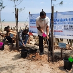 Bupati Tuban H. Fathul Huda saat mengikuti penyerahan bibit cemara laut oleh PT Pertamina Rosneft Pengolahan dan Petrokimia (PRPP) di Mangrove Center, Kecamatan Jenu, Rabu (17/2/2021). (foto: ist)