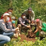 Dari kanan ke kiri, Gus Gendeng (perwakilan Komunitas Trail), Suntoko (Perhutani), Ridwan Sahara (perwakilan Off-Roader), Dodi Purwanto (Ketua DPRD Kabupaten Kediri), dan Anggota Offroader lainnya, saat menanam pohon di kawasan Hutan Gunung Klotok, Sabtu (6/3). foto: Muji Harjita/ BANGSAONLINE.com