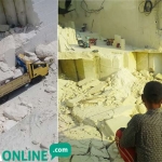 Kondisi tebing batu kapur yang longsor (foto kanan) dan kondisi truk yang tertimpa material batu kapur. 