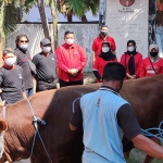 Ketua DPC PDIP Kabupaten Kediri, Murdi Hantoro (empat dari kiri) bersama jajaran pengurus DPC lainnya ketika proses penyembelihan hewan kurban di kantor DPC setempat, Rabu (21/7). foto: MUJI HARJITA/ BANGSAONLINE