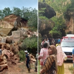 Kondisi bukit kapur yang runtuh. Foto kanan, ambulans yang mengevakuasi korban tiba di lokasi kejadian.