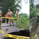 Wawali Batu Punjul Santoso saat meninjau lokasi plengsengan ambrol di Kelurahan Temas. Foto kanan, plengsengan yang ambrol di Sumberbrantas.