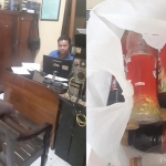 Tersangka saat diinterogasi di Mapolsek Tulangan (foto kiri) dan barang bukti berupa teh botol yang diamankan.
