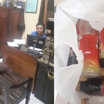 Tersangka saat diinterogasi di Mapolsek Tulangan (foto kiri) dan barang bukti berupa teh botol yang diamankan.