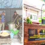 Petugas sedang memasak untuk warga terdampak bencana (kiri) dan Kantor Dinas P3A Kota Mojokerto.