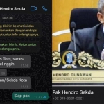 Screenshot chat di WhatsApp yang mengaku atas nama Sekda Kota Surabaya Hendro Gunawan. foto: ist