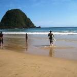 Wisatawan sedang menikmati indahnya pemandangan pantai Pulau Merah.foto:franciscus wawan slamet/BANGSAONLINE