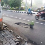 Kerusakan jalan di jalan Empunala oleh warga diberikan tanda pot. 