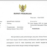 SE Bupati Pasuruan Perihal Penghematan Sementara Belanja Daerah yang terbit 2 April 2020.