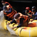 Wali Kota Batu Hj. Dewanti Rumpoko menebar 5.000 benih ikan di Sungai Brantas menandai soft opening Sobran.