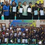 Foto bersama juara laga tiap kelas dengan kepala Disparpora dan ketua Kegiatan usai penyerahan juara. Foto: HENDRO SUHARTONO/ BANGSAONLINE.com

