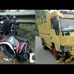 Kiri: Kondisi motor korban yang rusak parah usai terlibat laka-lantas dengan truk engkel. Kanan: Kondisi truk engkel yang hanya rusak di bagian bemper depan saja.