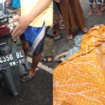 Sepeda motor korban dan korban yang sudah ditutupi kain oleh warga setempat.